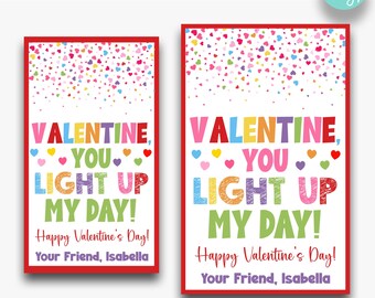 EDITABLE You Light Up My Day Kid's Valentine's Day Treat Tags | Glow Stick Valentine Favor Tags | Printable Class Valentines | Two Sizes