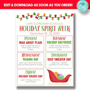 EDITABLE Holiday Spirit Week Itinerary | Christmas Spirit Week Flyer | School Spirit Week Information Flyer | Spirit Week Schedule