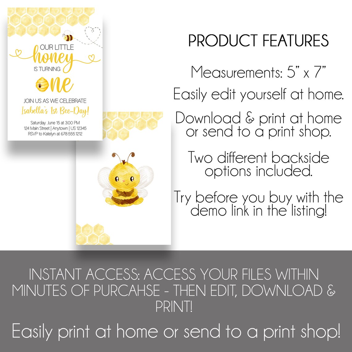 Editable Honey Bee 1st Birthday Party Invitation | Printable Bumble Bee ...