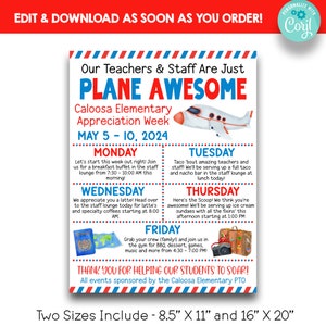 EDITABLE Plane Awesome Teacher Appreciation Week Sign | Thanks for Helping Us Soar Teacher Appreciation Week Itinerary | Printable Sign
