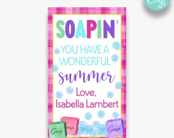 May include: A pink and white checkered background with a colorful sign that says "SOAPIN' YOU HAVE A WONDERFUL summer Love, Isabella Lambert". The sign is surrounded by blue and white soap bubbles and three bars of soap.