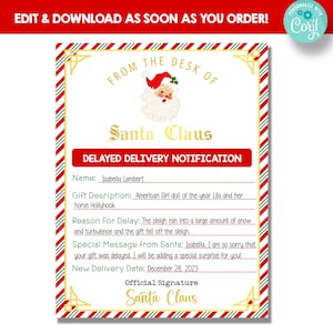 EDITABLE Carta de regalo de Navidad retrasada / Aviso de retraso de entrega de Navidad de Santa / Carta de regalo de Navidad perdida / Regalo perdido de Santa