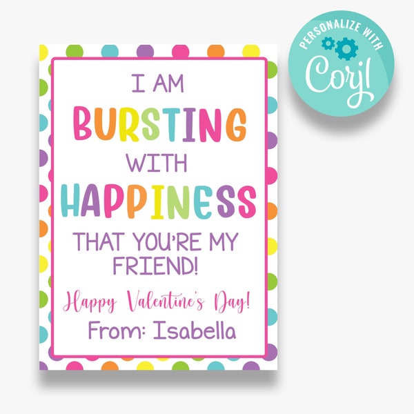 INSTANT DOWNLOAD | EDITABLE Starburst Kids Valentine's Cards | Bursting with Happiness Printable Valentine's Day Cards | KC1