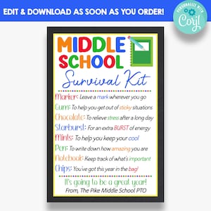 EDITABLE Middle School Survival Kit Gift Tags | Back To School Student Treat Tags | Printable Survival Kit Tags for Students
