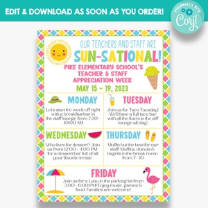 EDITABLE Sun-Sational Teacher Appreciation Week Flyer | Summer Themed Teacher Appreciation Week Itinerary | Staff Appreciation Week