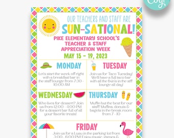 May include: A colorful printable poster with a sun and the text "Sun-Sational!"  announces a teacher and staff appreciation week at Pike Elementary School from May 15-19, 2023. The poster lists daily events including a breakfast bar, taco bar, dessert bar, muffin bar, and a luau.