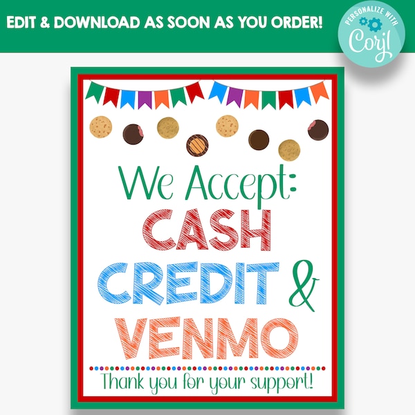 EDITABLE Payment Types Sign | We Accept Cash Credit Venmo Sign | Printable Cookie Booth Payment Sign | Cookie Booth Signs