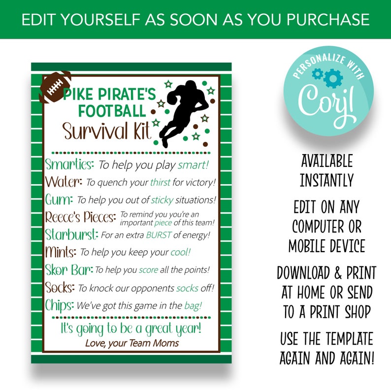 EDITABLE Football Team Survival Kit Cards | Football Team Gift Tags ...