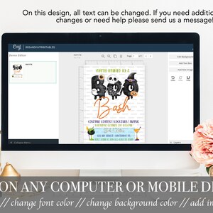 May include: A computer screen displaying a digital invitation for a Halloween party. The invitation features a black and white illustration of a witch and the text "You're Invited to a Boo Bash". The invitation also includes details about the party, such as the date, time, and location. The text on the invitation can be edited using the Corjl software.