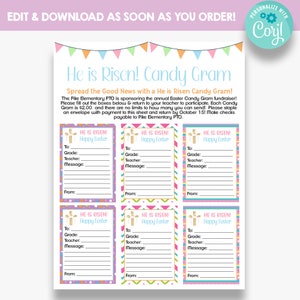 BEWERKBAAR Hij is verrezen Easter Candy Gram | Easter Candy Gram Fundraiser afdrukbaar | PTO-flyers | Kerk Pasen Candy Gram Flyer