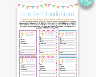 May include: Printable Easter Candy Gram cards with a pink, blue and yellow striped design. The cards feature a cross and the text "He is Risen! Happy Easter".  The cards have spaces to fill in the recipient's name, grade, teacher, message and from.
