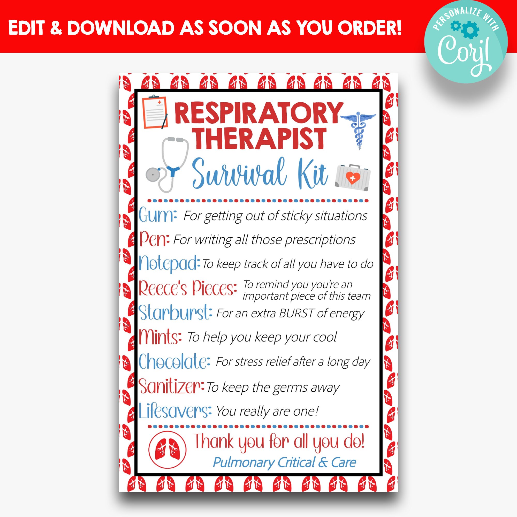 EDITABLE Respiratory Therapist Survival Kit Gift Tag Medical Etsy