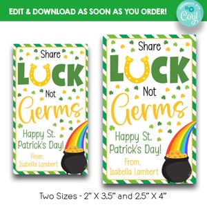 EDITABLE Share Luck Not Germs St. Patrick&#39;s Day Treat Bag Tags | Kid&#39;s St. Patrick&#39;s Day Gift Tags | Printable Class Treat Tags