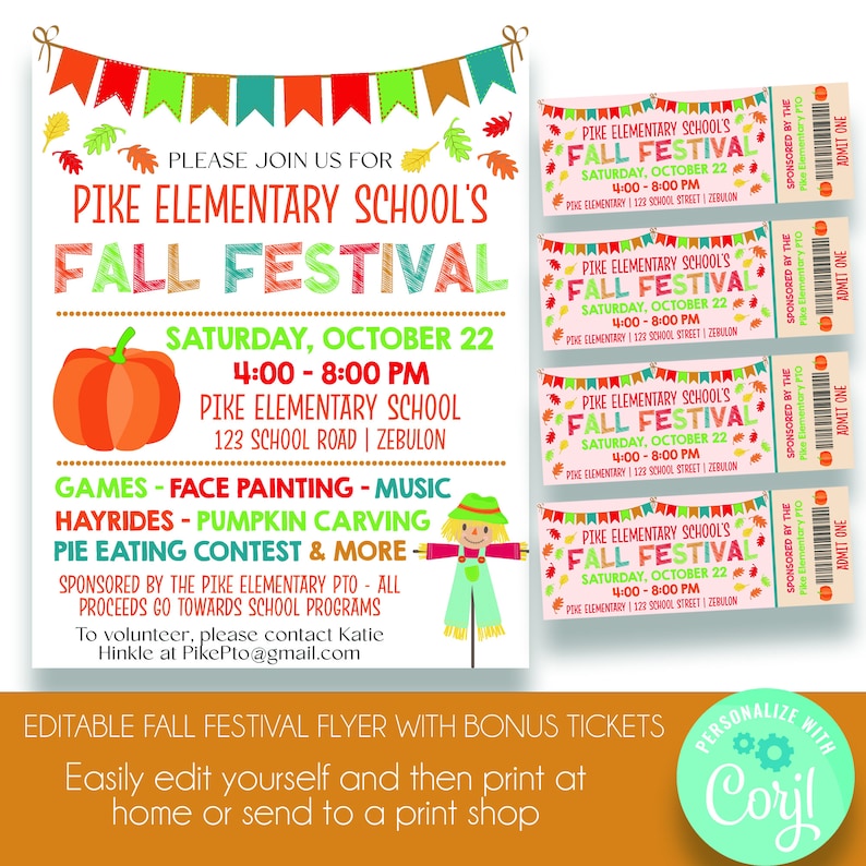 Puede incluir: Un folleto colorido para el Festival de Oto&ntilde;o de la Escuela Primaria Pike. El folleto presenta una calabaza, un espantap&aacute;jaros y una pancarta con el texto "Festival de Oto&ntilde;o". El evento est&aacute; programado para el s&aacute;bado 22 de octubre de 4:00 PM a 8:00 PM. El folleto tambi&eacute;n incluye una lista de actividades, como juegos, pintura facial, m&uacute;sica, paseos en heno, tallado de calabazas y un concurso de comer pastel. El folleto est&aacute; decorado con gr&aacute;ficos de tem&aacute;tica oto&ntilde;al, como hojas, calabazas y espantap&aacute;jaros.