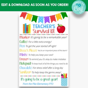 EDITABLE Teacher&#39;s Survival Kit Tag | Back to School Teacher Gift Idea | Teacher Appreciation Gift Tags | Printable School Gift Tag