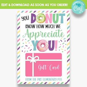 EDITIERBAR Sie Donut wissen, wie sehr wir Sie schätzen Geschenkkartenhalter | Mitarbeiter- oder Lehrer-Geschenkkartenhalter | Donut Geschenkanhänger