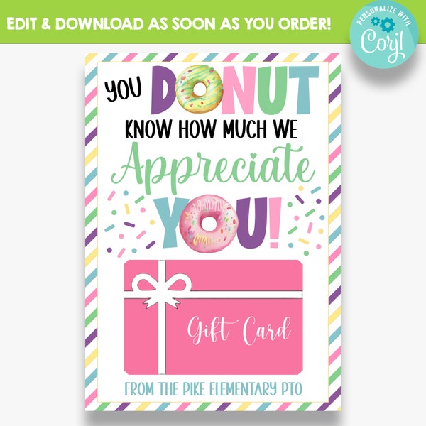 EDITABLE You Donut Know How Much We Appreciate You Gift Card Holder | Employee or Teacher Appreciation Gift Card Holder | Donut Gift Tag