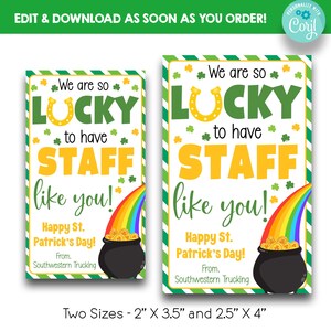 MODIFICABILE Siamo fortunati ad avere personale come te Etichetta regalo per il giorno di San Patrizio / Etichetta regalo di ringraziamento per i dipendenti / Etichetta regalo stampabile per il personale