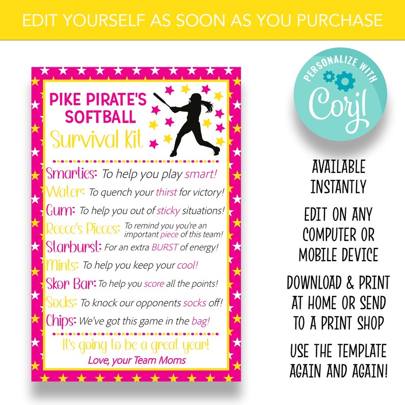 EDITABLE Softball Team Survival Kit Cards Softball Team Gift Etsy