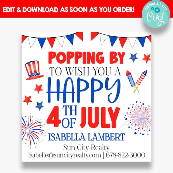 EDITABLE Popping By To Wish You a Happy 4th of July Gift Tags | Real Estate Fourth of July Marketing Tags | Marketing Gift Tags