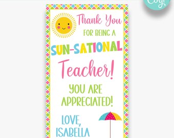 EDITABLE Thank You For Being a Sun-Sational Teacher Rectangle Gift Tags | Summer Thank You Gift Tag for Teacher | Printable Gift Tags