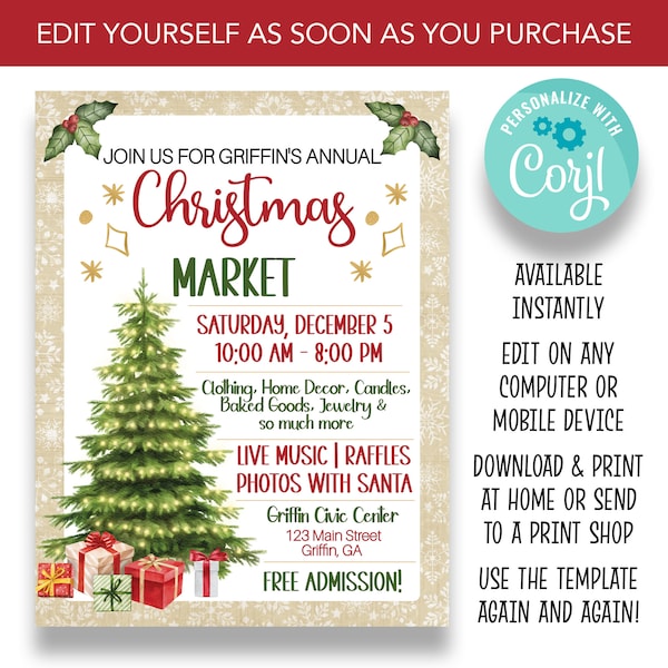 EDITABLE Christmas Market Flyer | Holiday Market Flyer | Printable Christmas Market Template | Vintage Christmas Market Invite