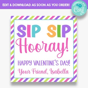 EDITABLE Sip Sip Hooray Valentine Gift Tag | Straw Valentine&#39;s Day Favor Tags | Printable Kids Valentines