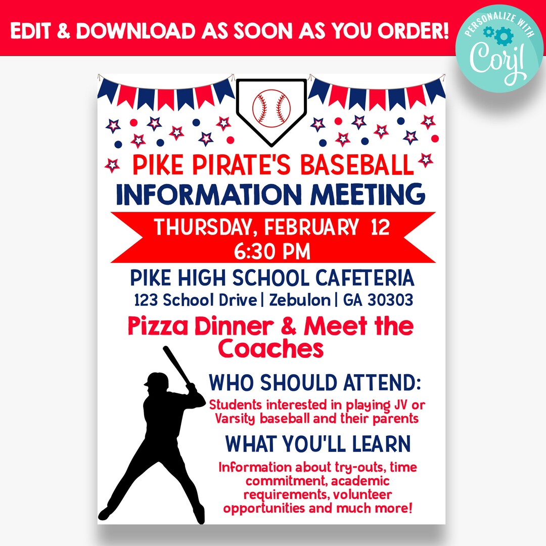 EDITABLE Baseball Information Meeting Flyer Baseball Team Flyer