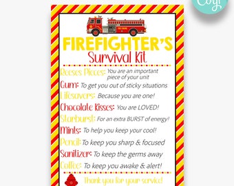 May include: A red and yellow striped printable sign with a cartoon fire truck and the text "FIREFIGHTER'S Survival Kit". The sign lists different treats and their meanings, such as "Reeses Pieces: You are an important piece of your unit" and "Gum: To get you out of sticky situations". The sign ends with "Thank you for your service! From, Mrs. Peterson's First Grade Class".