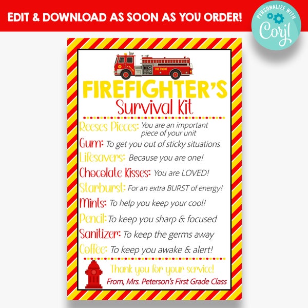 EDITABLE Firefighter's Survival Kit Tag | Fireman Gift Idea | Firefighter Care Package Gift Tags | First Responder Appreciation Tags