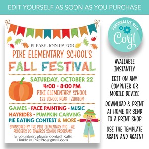 Puede incluir: Un folleto colorido para el Festival de Oto&ntilde;o de la Escuela Primaria Pike. El folleto presenta una calabaza, un espantap&aacute;jaros y una pancarta de hojas de oto&ntilde;o. El evento es el s&aacute;bado 22 de octubre de 4:00 PM a 8:00 PM. Las actividades incluyen juegos, pintura facial, m&uacute;sica, paseos en carreta, tallado de calabazas y un concurso de comer pastel. El folleto est&aacute; patrocinado por la PTO de la Escuela Primaria Pike y todas las ganancias se destinan a los programas escolares. Para ser voluntario, comun&iacute;quese con Katie Hinkle en PikePto@gmail.com.