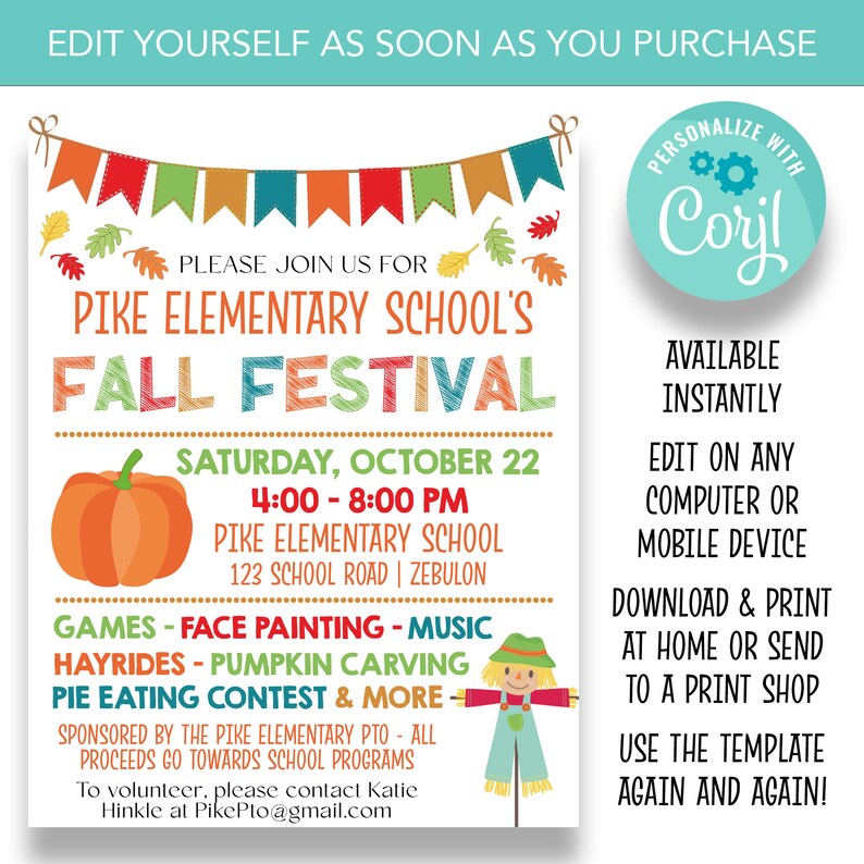 Puede incluir: Un folleto colorido para el Festival de Oto&ntilde;o de la Escuela Primaria Pike. El folleto presenta una calabaza, un espantap&aacute;jaros y una pancarta de hojas de oto&ntilde;o. El evento es el s&aacute;bado 22 de octubre de 4:00 PM a 8:00 PM. Las actividades incluyen juegos, pintura facial, m&uacute;sica, paseos en carreta, tallado de calabazas y un concurso de comer pastel. El folleto est&aacute; patrocinado por la PTO de la Escuela Primaria Pike y todas las ganancias se destinan a los programas escolares. Para ser voluntario, comun&iacute;quese con Katie Hinkle en PikePto@gmail.com.