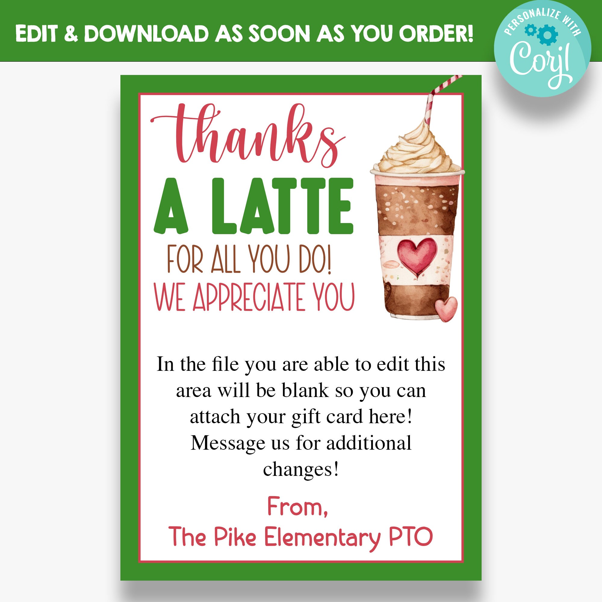 EDITABLE Thanks a Latte for All You Do Gift Card Holder - Etsy