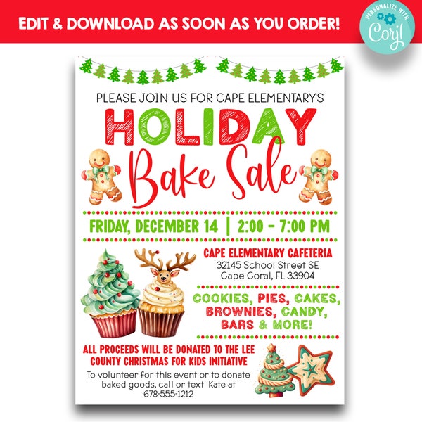 EDITABLE Holiday Bake Sale Flyer | Christmas Bake Sale Fundraiser | Christmas Event Flyer | Church Bake Sale | School Bake Sale Flyer