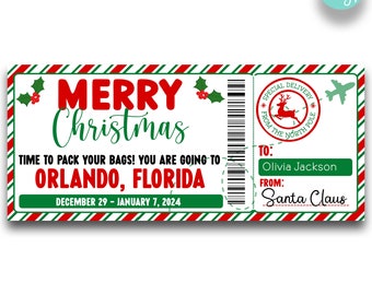May include: A printable Christmas ticket with a red, green, and white striped border. The ticket says "Merry Christmas" and "Time to pack your bags! You are going to Orlando, Florida." The ticket is dated December 29 - January 7, 2024. The ticket also has a special delivery stamp with a reindeer and the words "Special Delivery from the North Pole".