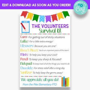 EDITABLE Volunteers Survival Kit Tag | Back to School Volunteer Gift Idea | School Appreciation Gift Tags | Printable School Gift Tag