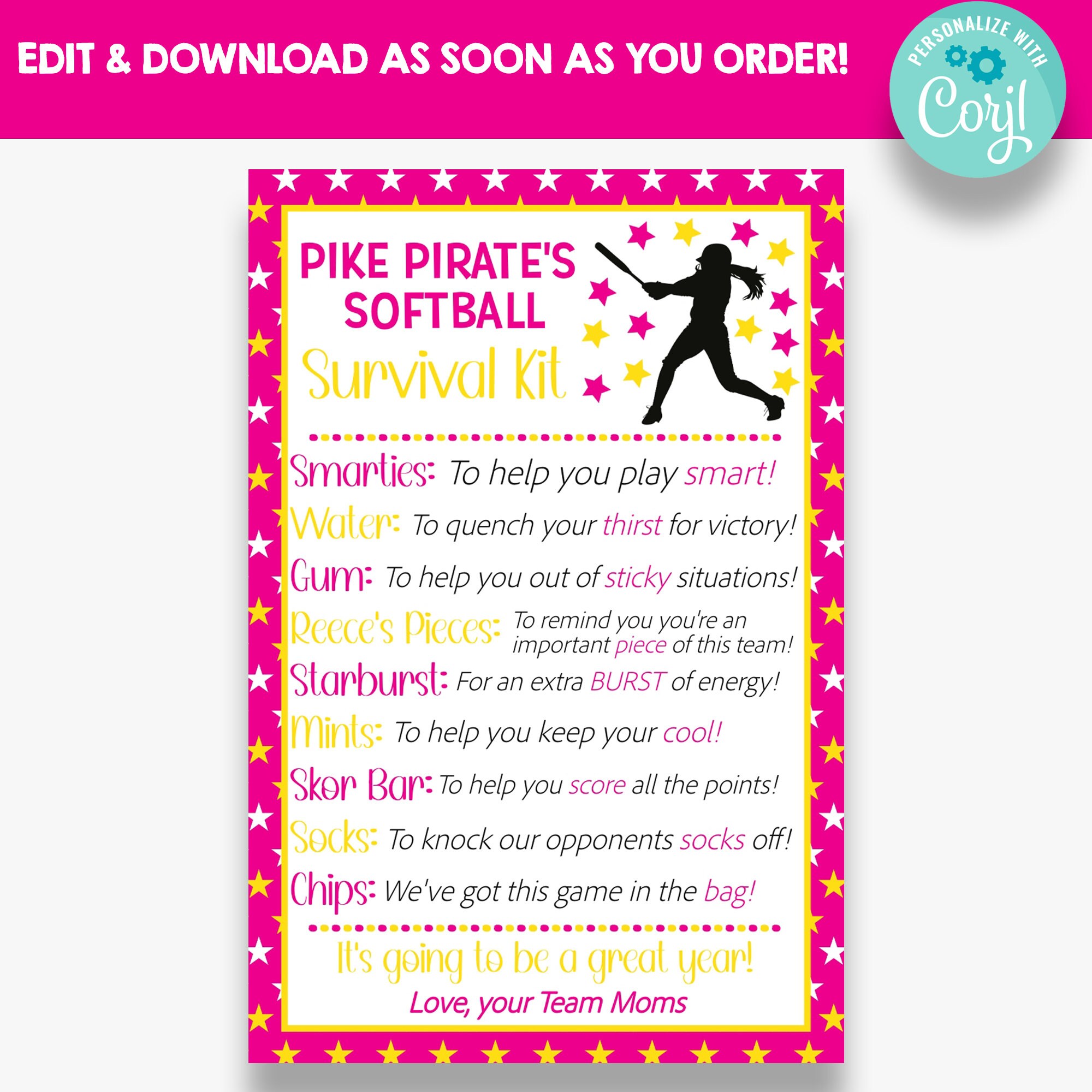 EDITABLE Softball Team Survival Kit Cards Softball Team Gift Etsy