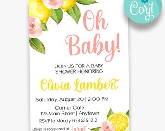 Puede incluir: Una invitación a una fiesta de bienvenida al bebé con un diseño de limón y flores. La invitación dice "Oh Baby!" e incluye el nombre "Olivia Lambert". La invitación también incluye la fecha, la hora, el lugar y la información de RSVP.