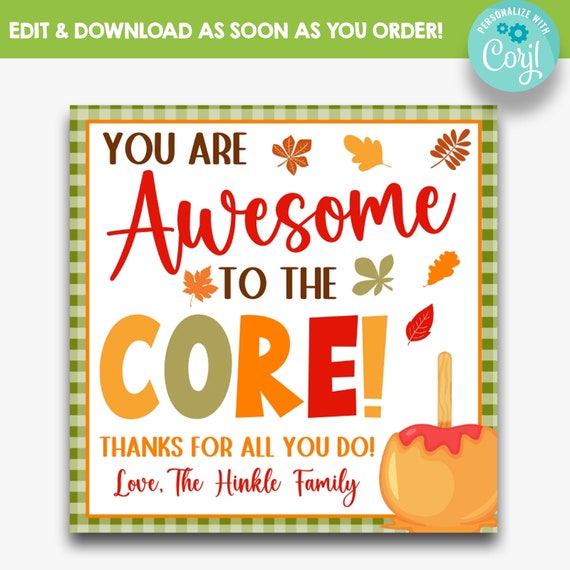 EDITABLE You Are Awesome to the Core Fall Treat Tags | Caramel Apple Thanksgiving Favor Tags | Fall Themed Appreciation Gift Tags