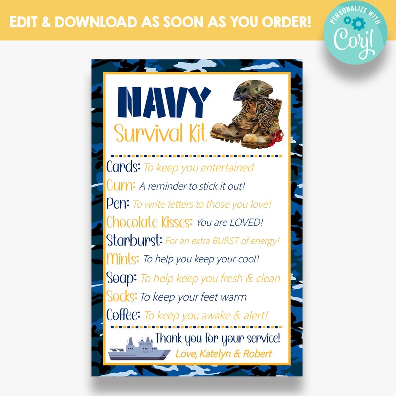 EDITABLE Navy Survival Kit Tag Navy Deployment Gift Idea Etsy