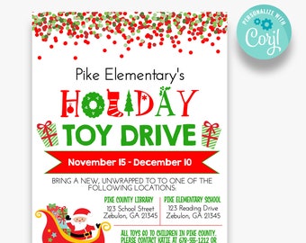 Può includere: Un volantino rosso e verde a tema natalizio per una raccolta di giocattoli presso la scuola elementare Pike. Il volantino include il testo "Pike Elementary's Holiday Toy Drive" e le date "November 15 - December 10". Elenca anche due luoghi di consegna: la biblioteca della contea di Pike e la scuola elementare Pike, con indirizzi e informazioni di contatto.
