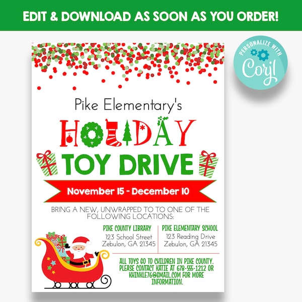 EDITABLE Holiday Toy Drive Flyer | Printable Christmas Toy Fundraiser Flyers