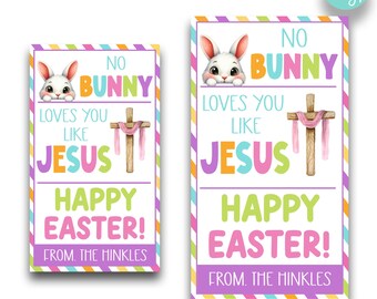 Puede incluir: Dos etiquetas de regalo de Pascua imprimibles con un conejito de dibujos animados con el texto "Ningún conejito te quiere como Jesús. ¡Feliz Pascua!" Las etiquetas están disponibles en dos tamaños: 2 pulgadas por 3,5 pulgadas y 2,5 pulgadas por 4,5 pulgadas.
