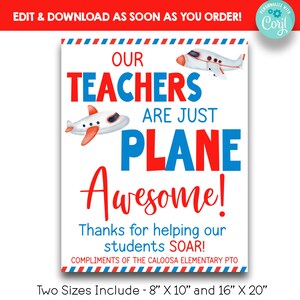 Puede incluir: Un cartel imprimible con un tema de avión en rojo, blanco y azul. El texto dice "Nuestros maestros son simplemente geniales!" con las palabras "Plane" y "Awesome" en letras rojas grandes y en negrita. El cartel también incluye el texto "¡Gracias por ayudar a nuestros estudiantes a elevarse!" y "Saludos del PTO de la escuela primaria Caloosa".