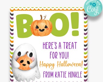 以下が含まれることがあります： 「BOO! Here's a treat for you! Happy Halloween! From Katie Hinkle」というテキストが書かれた、幽霊がジャック・オー・ランタンを持っている、印刷可能なハロウィンのギフトバッグタグ