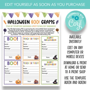 May include: Printable Halloween BOO! Grams for trick or treating.  The printable includes four different designs with a pumpkin, a haunted house, a witch's hat, and a candy corn.  Each design has space to write "To", "Grade", "Teacher", "Message", and "From".  The text on the printable says "Halloween BOO! Grams Trick or Treat! Give someone a Boo! Gram for Halloween!"