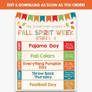 EDITABLE Fall Spirit Week Flyer | Printable Fall Spirit Week Schedule | PTO Flyer