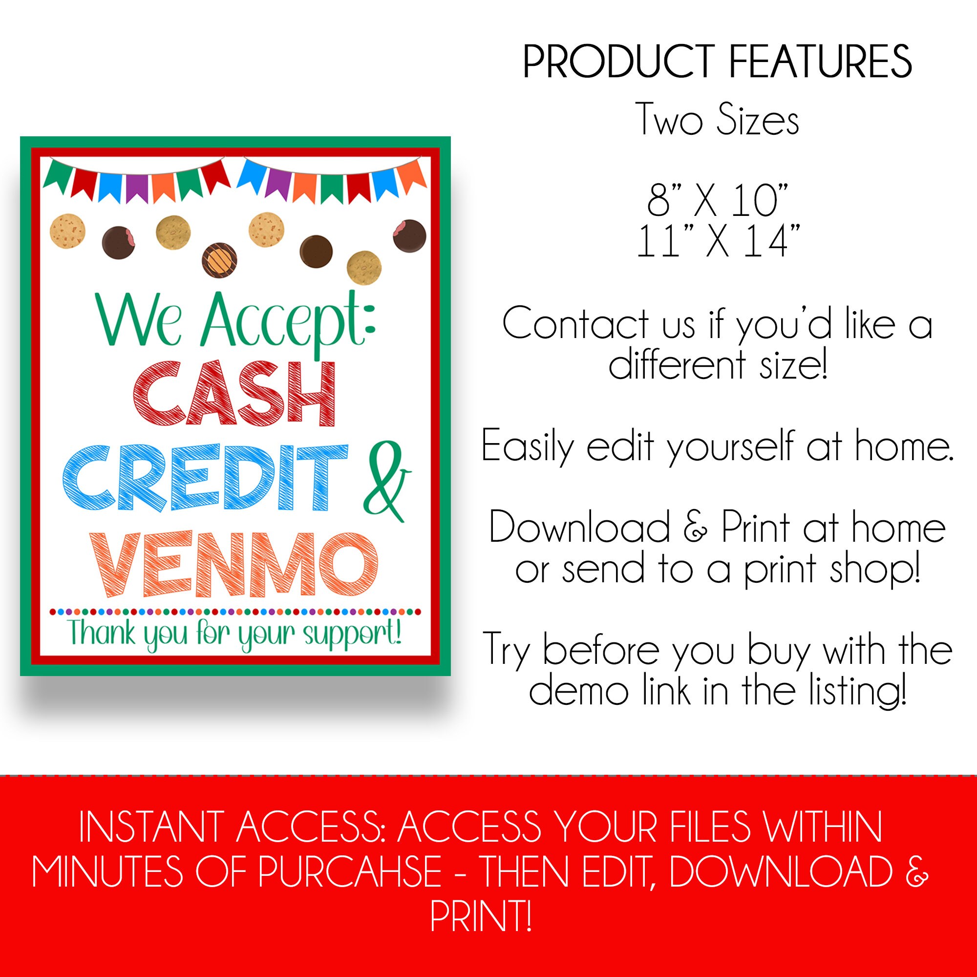 EDITABLE Payment Types Sign | We Accept Cash Credit Venmo Sign ...
