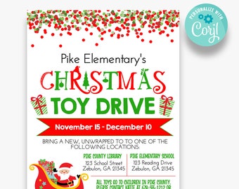 Può includere: Un volantino rosso e verde per una raccolta di giocattoli di Natale con Babbo Natale su una slitta. Il volantino dice "Pike Elementary's Christmas Toy Drive" e include date e luoghi per la consegna dei giocattoli.