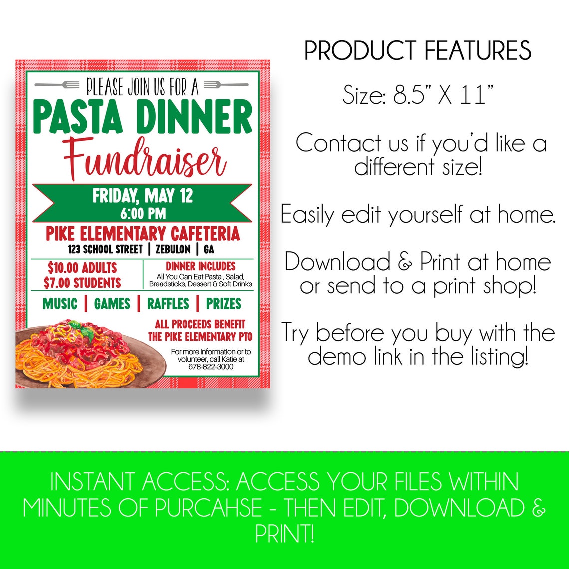 EDITABLE Pasta Dinner Fundraiser Flyer With Bonus Tickets | Printable ...